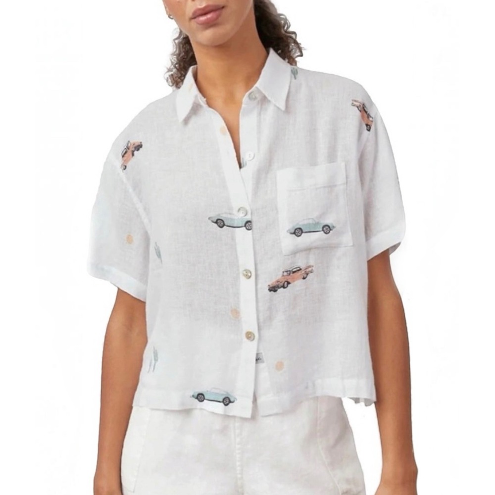 RAILS Payton Linen Boxy Button Down Pocket Shirt In Day Trip Car Novelty Print